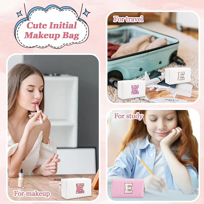 Personalized Initial Letter Makeup Bag, Preppy Glitter Letter Patch Cosmetic Pouch Zipper,PU Waterproof Travel Toiletry Bag Cute Makeup Organizer Monogrammed Make Up Bag,Gift for Women Girls