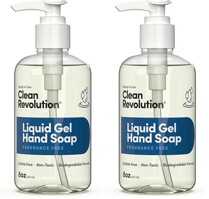 Clean Revolution Liquid Gel Hand Soap, Silky Rich Liquid, Quick Lather, Fast Rinsing (Fragrance Free) 8 Fl Oz (Pack of 2)