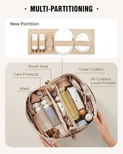 EACHY Travel Makeup Bag,Large Capacity Cosmetic Bags for Women,Waterproof Portable Pouch Open Flat Toiletry Bag Pattern Makeup Bag (F-Beige-Large)