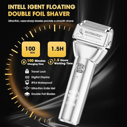Hair Clippers for Men,4 in 1 Professional Hair Clippers T-Blade Trimmer Electric Foil Shaver Nose Hair Trimmer Set,Cordless Barber Hair Cutting Men’s Grooming Kit LCD Display Gifts (Silver)