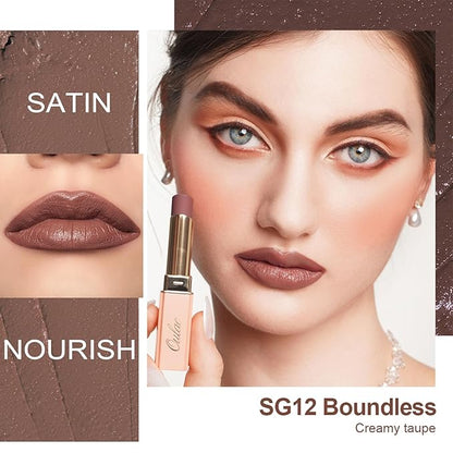 Oulac Color Rich Satin Lipstick - Greyish Brown Full Coverage Lip Color, Creamy Silky-Smooth, Moisturizing, Satin Matte Finish, Infused With Shea Butter, Vegan & Clean Beauty, 4g, SG12 Boundless