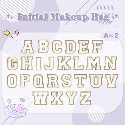 Personalized Makeup Bag Initial A-Z Preppy Patch Bag,Small PU Leather Travel Cosmetic Bag Pouch with Zipper,Purple Cute Toiletry Bag,Gift Ideal for Teen Girls Women Birthday Friend Mom,Latter A