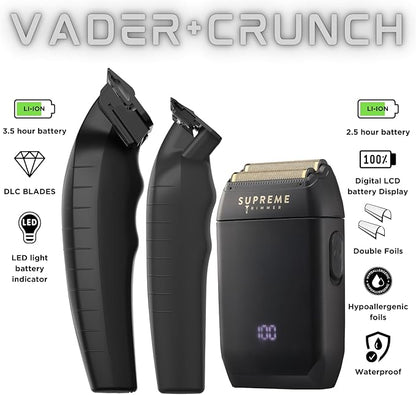 Supreme Trimmer Vader Clipper, Vader Trimmer & Crunch Foil Shaver | Professional Beard Trimmer, Men's Clippers | 3 in 1 Set, Black