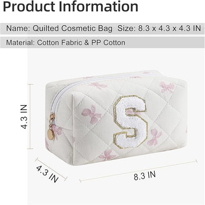 Gleyemor Personalized Initial Makeup Bag for Women, Cute Quilted Pink Floral Cotton Cosmetic Bag, Christmas Gifts for Her Mom Friend Sister Bridesmaid Teacher Women S