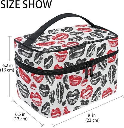 Makeup Train Case Valentines Lips Mouth Pattern Carrying Portable Zip Travel Cosmetic Brush Bag Organizer Large for Women
