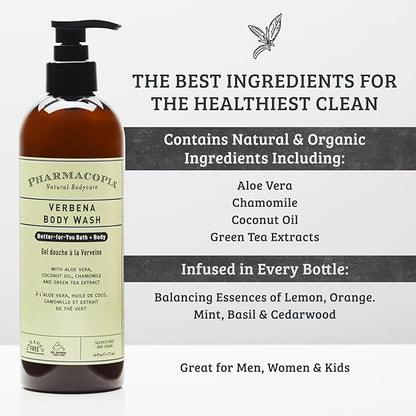 Pharmacopia Verbena Body Wash - Natural Shower Gel, Moisturizing and Nourishing Body Cleanser - Infused with Organic Aloe Vera, Coconut Oil, and Green Tea Extract - Vegan, and Cruelty-Free, 16 oz