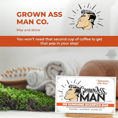 Grown Ass Man Co. - Solid Shampoo Bar Rich Lather 3 in 1: Hair, Beard & Body Wash - Plastic Free & Eco-Friendly, Natural & Organic Clean for All Hair Types, 4oz Bar (Mister Sunshine, Single)