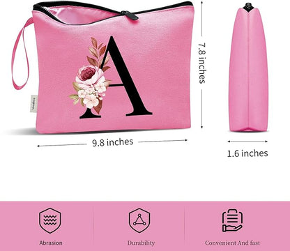 Vavabox A-Z Personalized Makeup Bag, Birthday Gifts for Women Mom, Gifts for Best Friend, Bride Bridesmaid Cosmetic bag (A, Peach)