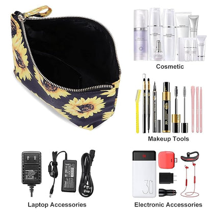 Cosmetic Bag for Women Make up Storage Pouch Case Portable Zipper Travel Accessories Organizer for Toiletry Water Repellent, Sunflower