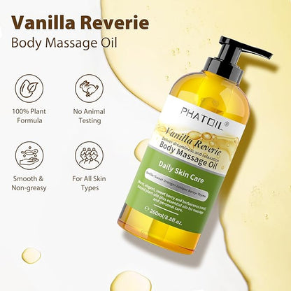 PHATOIL Vanilla Body Oil with Sweet Orange, Juniper Berry and Thyme Essential Oils, Premium Scented Body Oil for Moisturizing Skin, Massage Oil for Women Men After Shower - 8.8 FL.OZ(260ML)
