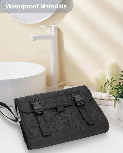 Travel Hanging Toiletry Bag with Makeup Brush Board, Portable Toiletries Bag with Hanging Hook, Water Resistant Wash Bag, Makeup Organizer with Cosmetics for Full Sized Travel Essentials - Black