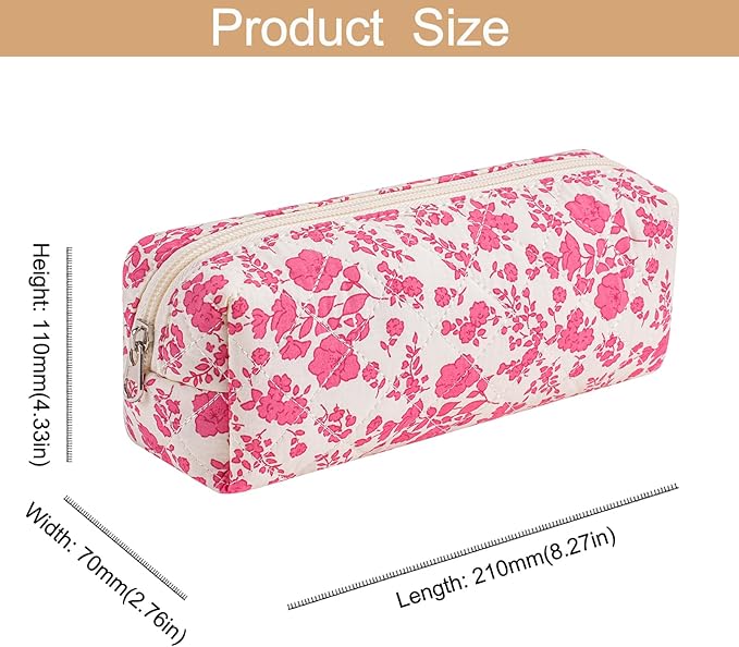 Cute Floral Cotton Makeup Brush Cosmetic Bag for Women, Travel Quilted Zipper Make Up Bag, Flowers Toiletry Organizer Case Kawaii Makeup Cosmetic Travel Cloth Pouch (Big Red Floral)