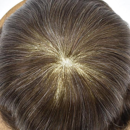 Toupee for Men French Lace Center Hairpieces Human Hair Replacement Systems Lace & Thin Skin Hair Piece Mens Toupee Hair Units for Man 8"X10" #320 3# DARK BROWN WITH 20% SYNTHETIC GREY