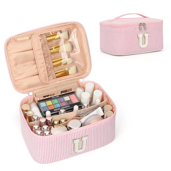 OCHEAL Makeup Bag for Women, Monogram Cosmetic Bag with Brush Holder, Pink Travel Makeup Case Beauty Toiletry Bag Organizer Personalized Gifts for Girls Bridesmaid, Sister, Wife, Friends Initial U