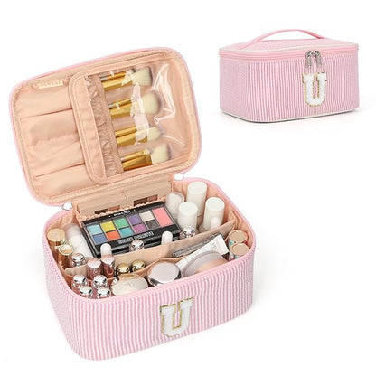 OCHEAL Makeup Bag for Women, Monogram Cosmetic Bag with Brush Holder, Pink Travel Makeup Case Beauty Toiletry Bag Organizer Personalized Gifts for Girls Bridesmaid, Sister, Wife, Friends Initial U