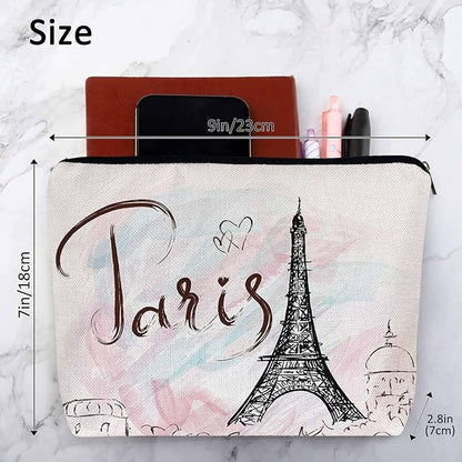 Women Cosmetic Bag Eiffel Tower, Watercolor Paris Eiffel Tower Cute Makeup Bag For Purse Cosmetic Travel Bag For Toiletries Makeup Storage Bag Flax Skincare Bag Make Up Pouch Bags