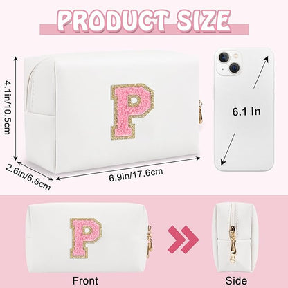 Personalized Initial Preppy Makeup Bag Organizer, White Small Travel Cosmetic Bag Monogram Toiletry Zipper Pouch for Women, PU Leather Waterproof Makeup Case Proposal Gift for Brides Female(Letter P)