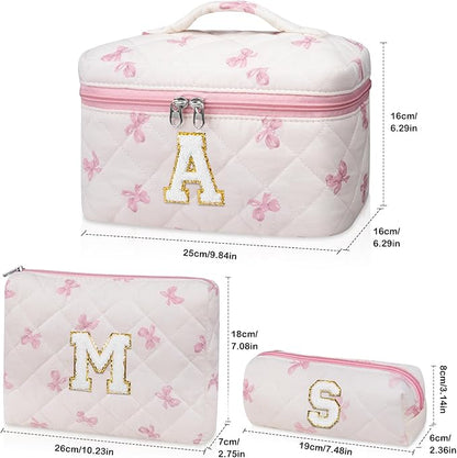 Initial Makeup Bag Set, Personalized Quilted Makeup Bag, Large Floral Cosmetic Bag for Women, Cute Cotton Custom Make up Bags, Flower Travel Toiletry Bag Teen Girl Gift Pink Butterfly M