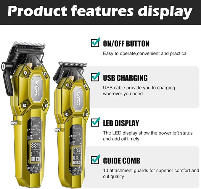 VGR Professional Hair Clippers for Men, Cordless Barber Clippers and Trimmers Set, Mens Hair Cutting Kit with 10 Guide Combs, USB Rechargeable Haircut Machine for Family, LED Display, Gold