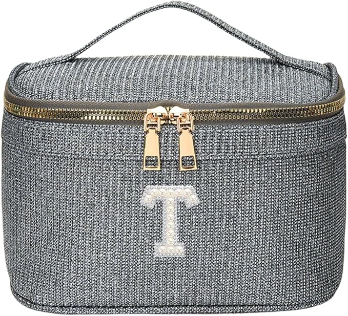 EURYNOME Makeup Bag with Custom Letter T, Water-Resistant Travel Organizer Pouch, (8.3x5.1x5.1 Inch) Cosmetic Case for Women