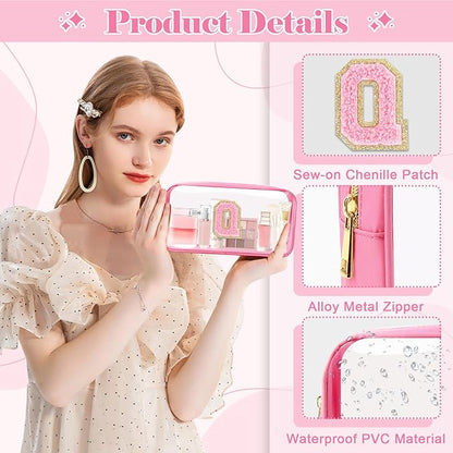 Personalized Initial Letter Clear Makeup Bag,Preppy Small Nylon&PVC Cosmetic Zipper Bag with Chenille Letter,Portable Beach Travel Skincare Toiletry Bag,Trendy Monogram Gift for Teen Girls Women,Q