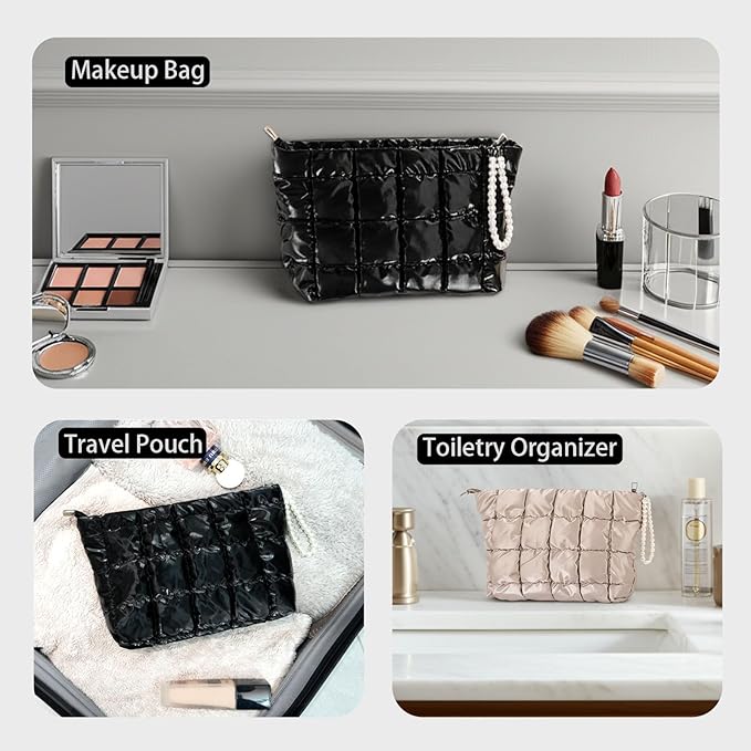 Puffer Quilted Makeup Bag Travel Cosmetic Bag Portable Puffy Checkered Toiletry Pouch Skincare Organizer Purse Pencil Case (Hot Pink)