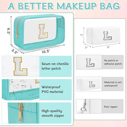 Personalized Initial Clear Makeup Bag, Travel Chenille Patch Cosmetic Bag, Preppy Toiletry Bag Monogram Cosmetic Pouch with Zipper, Ideal Gift for Teen Girls Women (Clear-Green, L)