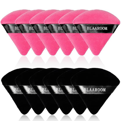 12 Pieces Velour Pure Cotton Powder Puff Face Makeup Triangle Powder Puffs for Loose Powder Wet Dry Cosmetic Foundation Beauty Sponge Makeup Tools -Black Rose Red