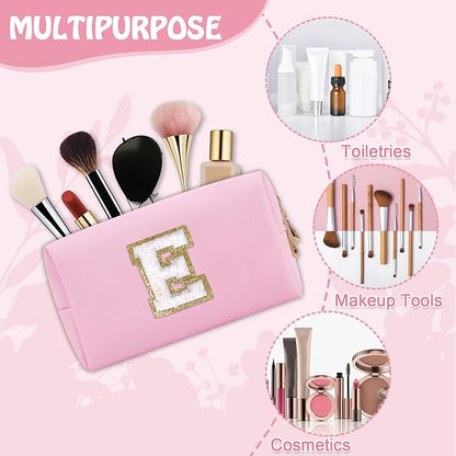 Personalized Chenille Letter Preppy Patch Makeup Bag, Small Pink Travel Cosmetic Bag Initial Toiletry Zipper Pouch Monogram Makeup Storage, Waterproof Makeup Case Travel Essentials for Women(Letter E)