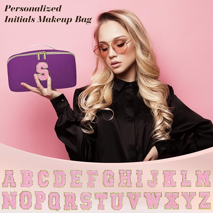 Personalized Initial Makeup Bag,Christmas Gifts for Girl,Preppy Bag Cosmetic Travel Bag Women,Travel Toiletry Organizer,Large Capacity Corduroy Stuff Bag,Cute Cosmetic Pouch Skincare Bag-O