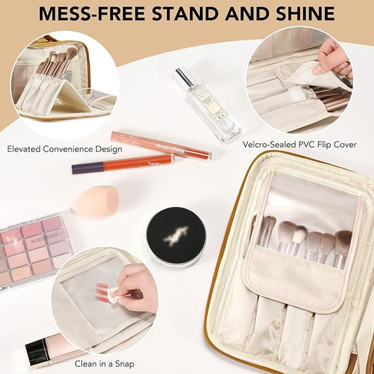 Travel Makeup Bag Women's Large Capacity Cosmetic Portable Organizer Large Opening Waterproof Storage Toiletry Bags Vertical Free-Standing Brush Holder for Easy Access Orange