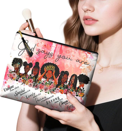 Cute Makeup Bag for Purse Waterproof Cosmetic Bags for Women Funny Smooth Zipper Travel Toiletry Pouch 10X8 Inches-African American Afro Makeup pouch
