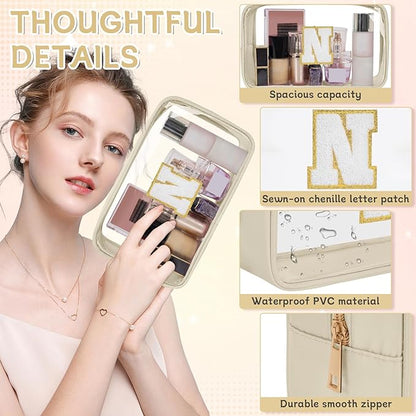 Personalized Initial Clear Makeup Bag, Travel Chenille Patch Cosmetic Bag, Preppy Toiletry Bag Monogram Cosmetic Pouch with Zipper, Ideal Gift for Teen Girls Women (Clear-Beige, N)
