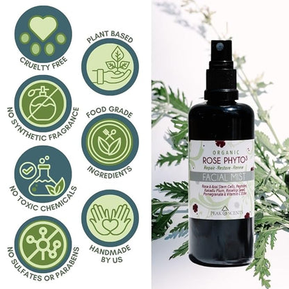 Peak Scents - Organic & Vegan Rose Phyto³ Water Facial Spray - Moisturizing Face Mist & Setting Spray, Soothing, Hydrating Mist Rose Water For Face - Great for Facial Massaging (4 oz)