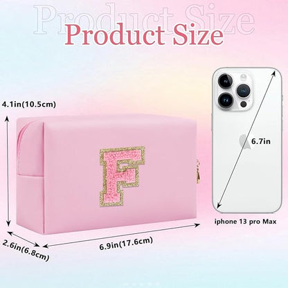 Small Personalized Glitter Initial Letter Makeup Bag, Cute PU Leather Chenille Letters Cosmetic Bag Travel Makeup Pouch, Preppy Travel Organizer Zipper Pouch for Women&Girls（PinkPink-F）