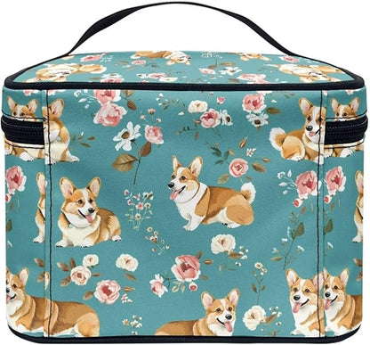 JoyLamoria Corgi Floral Makeup Bag Handbag Tote Bag Casual Cute Cosmetic Bag Brush Bag Toiletry Bag