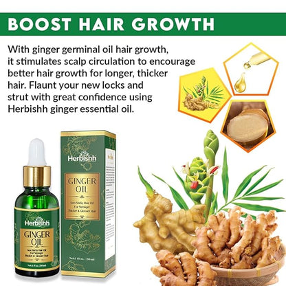 Herbishh Ginger Essential Oil (2 x 30ml) for Hair Growth, Non Sticky, Hair Growth Serum Oil for Thicker, Strong and Glossier Hair, with Dropper