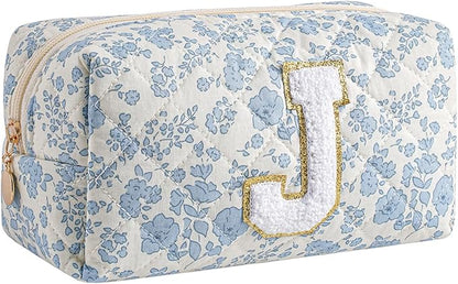 Gleyemor Personalized Initial Makeup Bag for Women, Cute Quilted Blue Floral Cotton Cosmetic Bag, Christmas Gifts for Her Mom Friend Sister Bridesmaid Teacher Women J