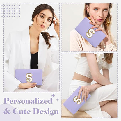 Personalized Makeup Bag Initial A-Z Preppy Patch Bag,Small PU Leather Travel Cosmetic Bag Pouch with Zipper,Purple Cute Toiletry Bag,Gift Ideal for Teen Girls Women Birthday Friend Mom,Latter S