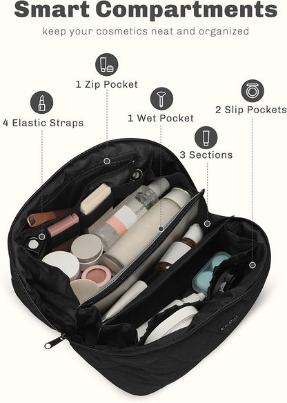 Hynes Eagle Travel Makeup Bag for Women Puffy Cosmetic Organizer Pouch Open Flat Toiletry Bag for Toiletries, Brushes Black