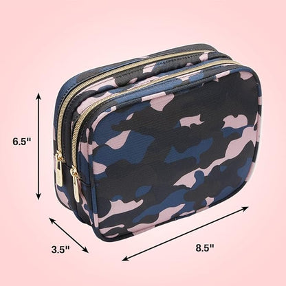 Conair Makeup Bag, Large Double Zip Toiletry and Cosmetic Bag, Perfect Size for Use At Home or Travel, Double Zip Organizer Shape in Blue, Pink and Black Camouflage