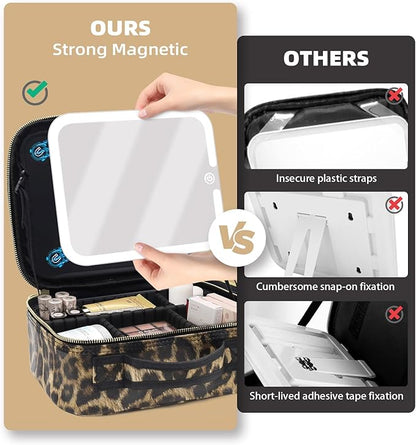Makeup Bag with Magnetic Detachable Lighted Mirror, Travel Makeup Bag with Mirror 360° Angle, PU Leather Makeup Organizer Bag with Mirror and Lights, Portable Cosmetic Case Accessories Train Case Gift