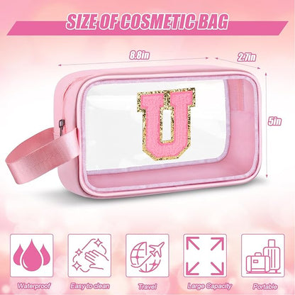 Initial Makeup Bag,Letter U Cute Clear Monogrammed Cosmetic Travel Bag for Womens Girls,Personalized Pink Aesthetic Traveling Make Up Organizer Bag for Beach,Waterproof Toiletry Bag