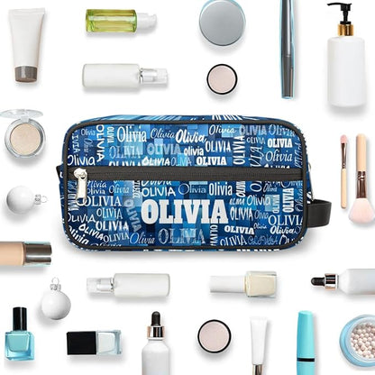 Custom Name Makeup Bag Travel Bag, Toiletry Bag Travel Large Capacity Cosmetic Container Organizer for Shampoo, Blue Geometric Pattern