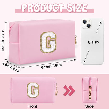 Personalized Initial Preppy Makeup Bag Organizer, Small Travel Cute Pink Cosmetic Bag Toiletry Zipper Pouch, Waterproof PU Leather Monogram Makeup Case Graduation Gift for Teacher Friends(Letter G)