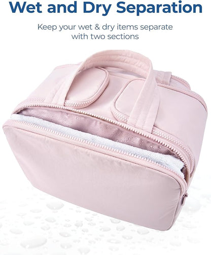 BAGSMART Travel Toiletry Bag, Lightweight Large Wide-open Travel Bag for Women, Puffy Cosmetic Makeup Bag Organizer with Handle for Accessories,Essentials, Toiletries, Pink