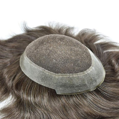 FACE MIRACLE Toupee for Men French Lace Hairpiece Human Hair Replacement System Skin PU Mens Toupee Hair Wigs for Man V-Looped Front Hair Prosthesis 8"X10" #440 4# MEDIUM BROWN WITH 40% SYNTHETIC GREY