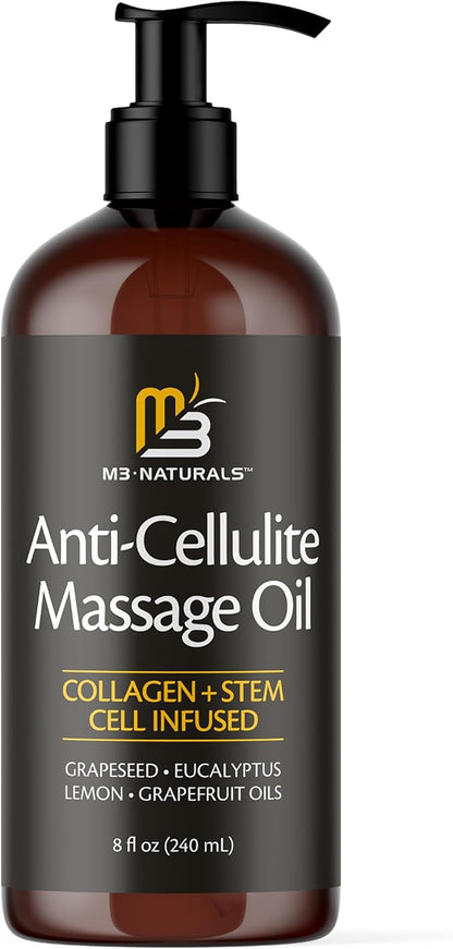 Anti Cellulite Massage Oil and Silicone Body Brush – Collagen and Stem Cell Skin Tightening Formula for Smoothing and Firming, 8 fl oz by M3 Naturals