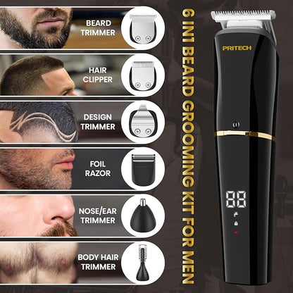 PRITECH Beard Trimmer for Men,6 in 1 Hair Clippers Kit, Precision Cordless Grooming Kit Waterproof IPX6 for Beard, Hair, Body, Nose, Ear, with Foil Razor (Black)