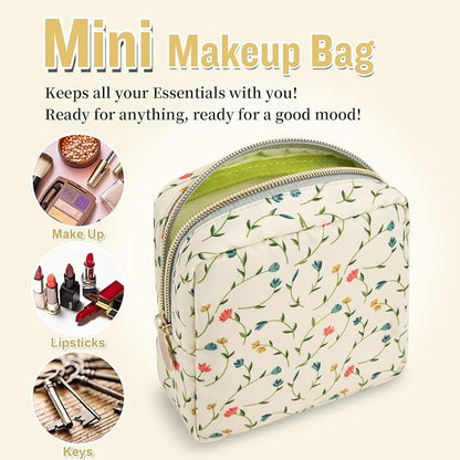 Nylon Mini Floral Makeup Bag for Purse, Small Cute Makeup Bag Preppy Cosmetic Zipper Pouch, Waterproof Travel Set Coin Pouch Sanitary Napkin Storage Bag Makeup Organizer for Women(Light Yellow-Flower)